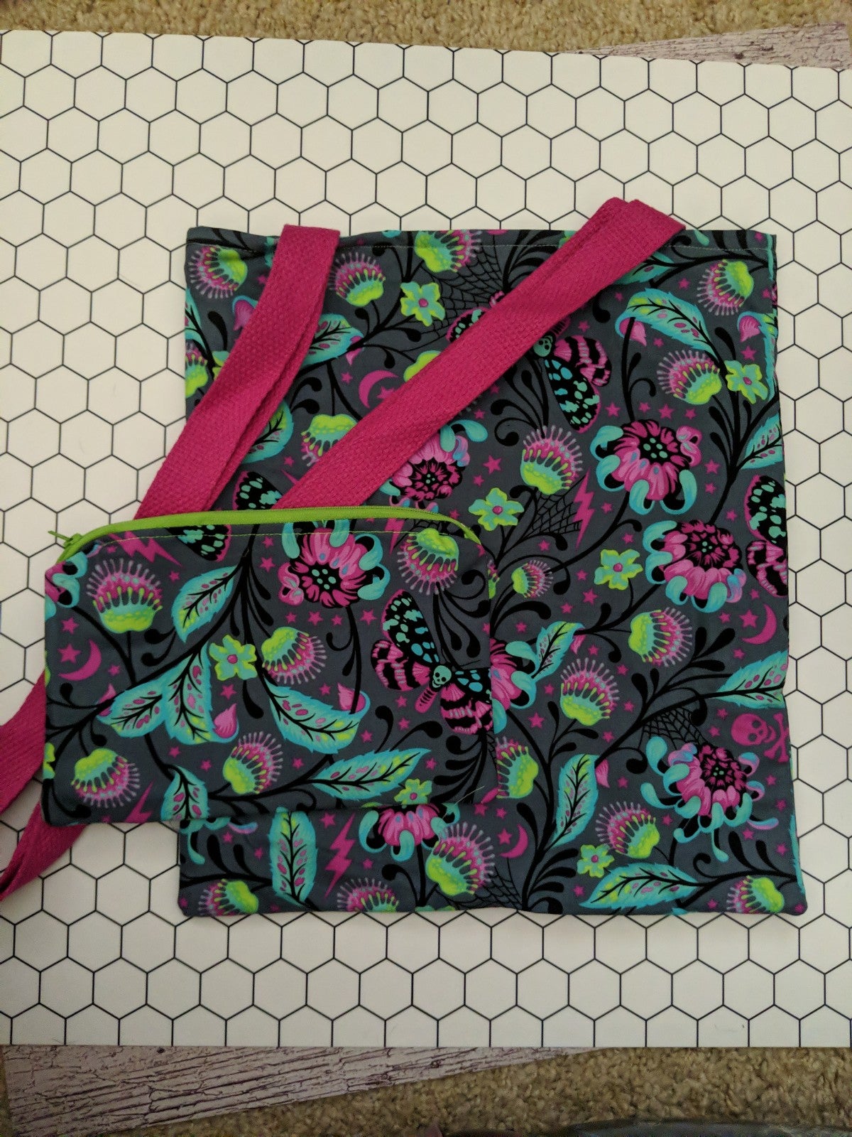 Plant and skull fabric print tote bag and pouch