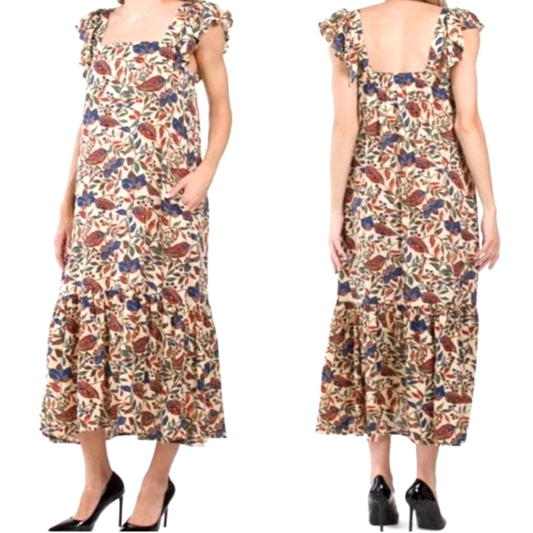 HOUSE OF HARLOW Colorful Floral Maxi Dress Sz Small Sister Print Flutter Sleeve