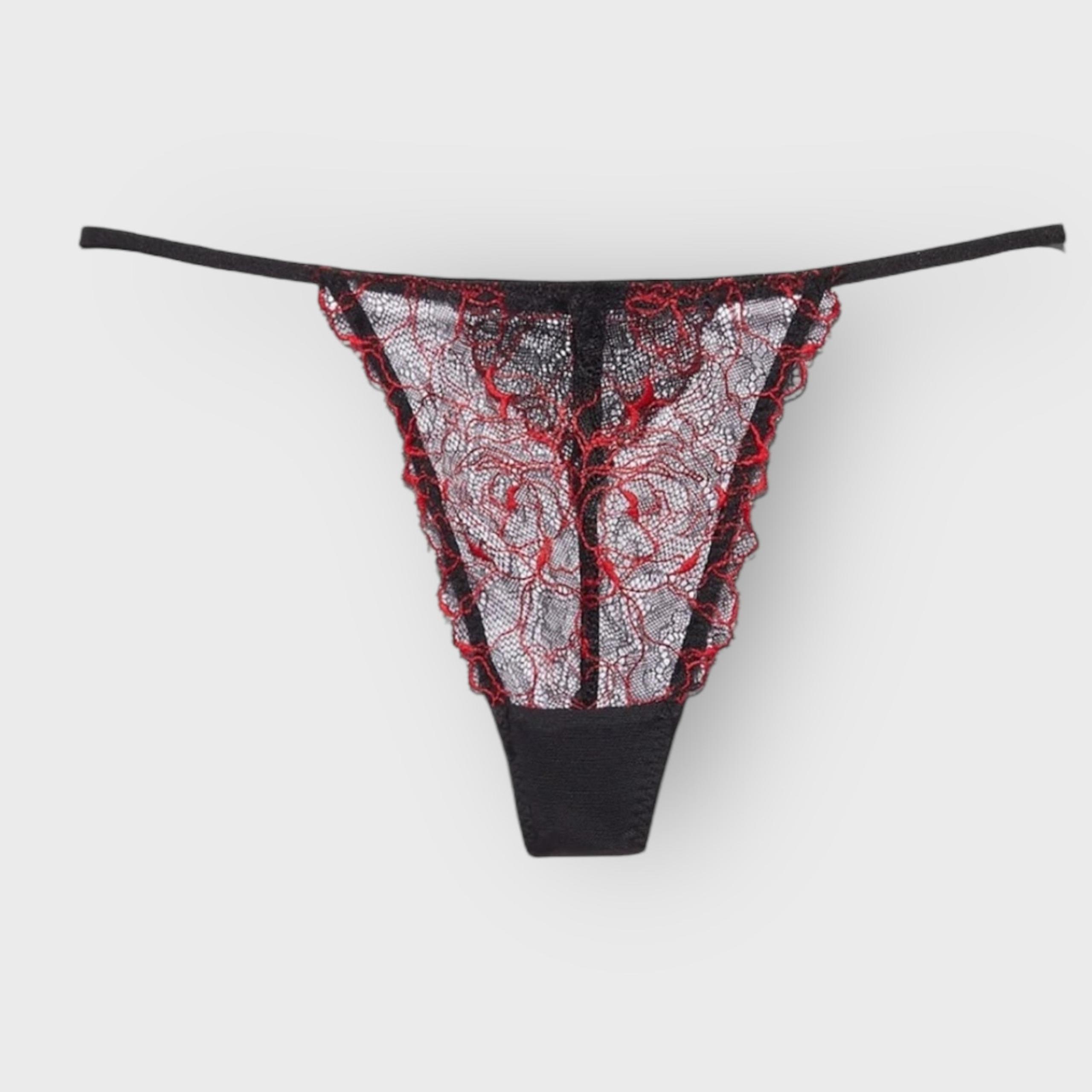 Savage X Fenty Embroidered Lace G-String | Plus Size 1X | Black Red Dark Gothic