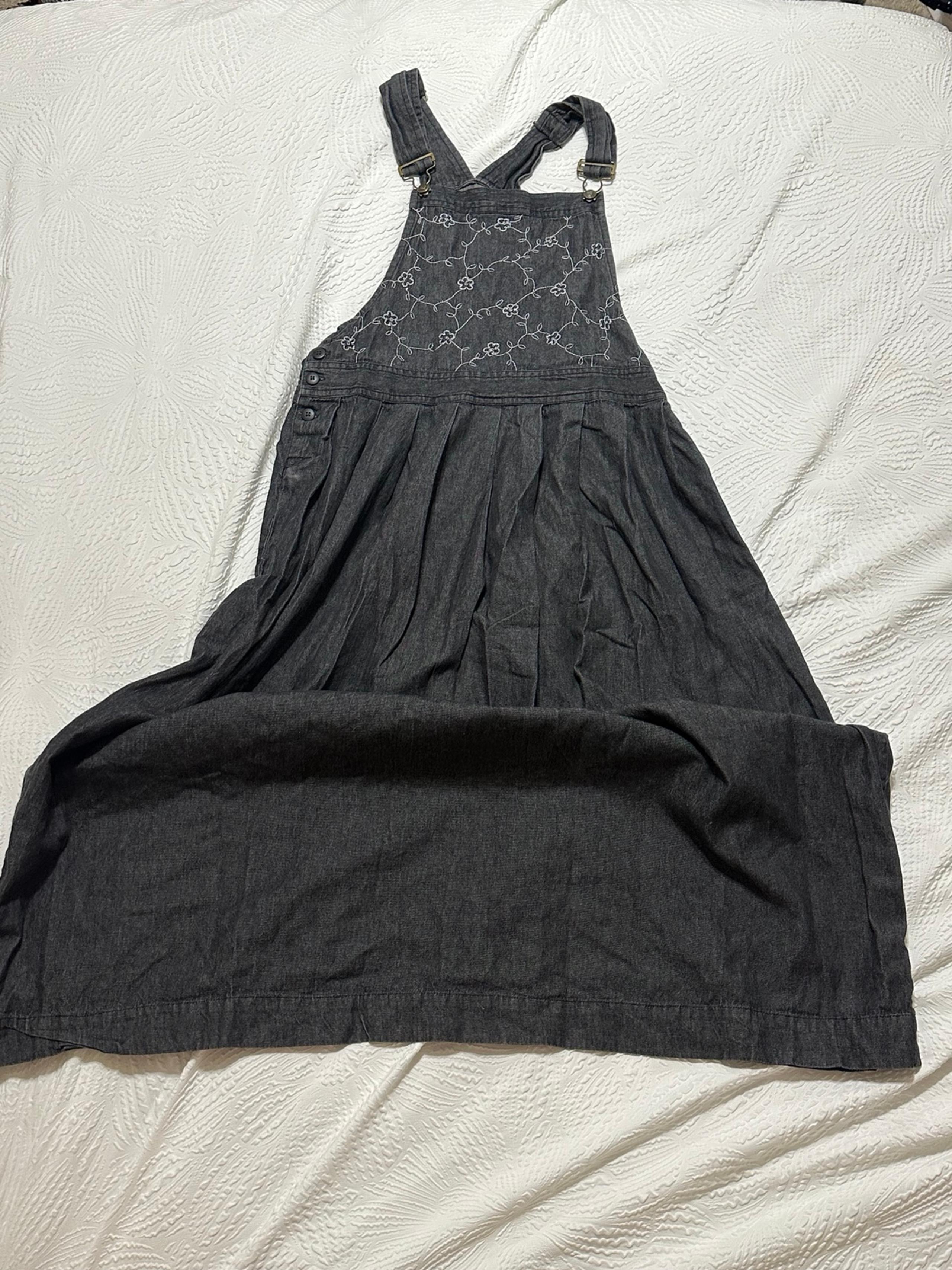Casey & Max Black Denim overall dress with embroidered area on front  Size med