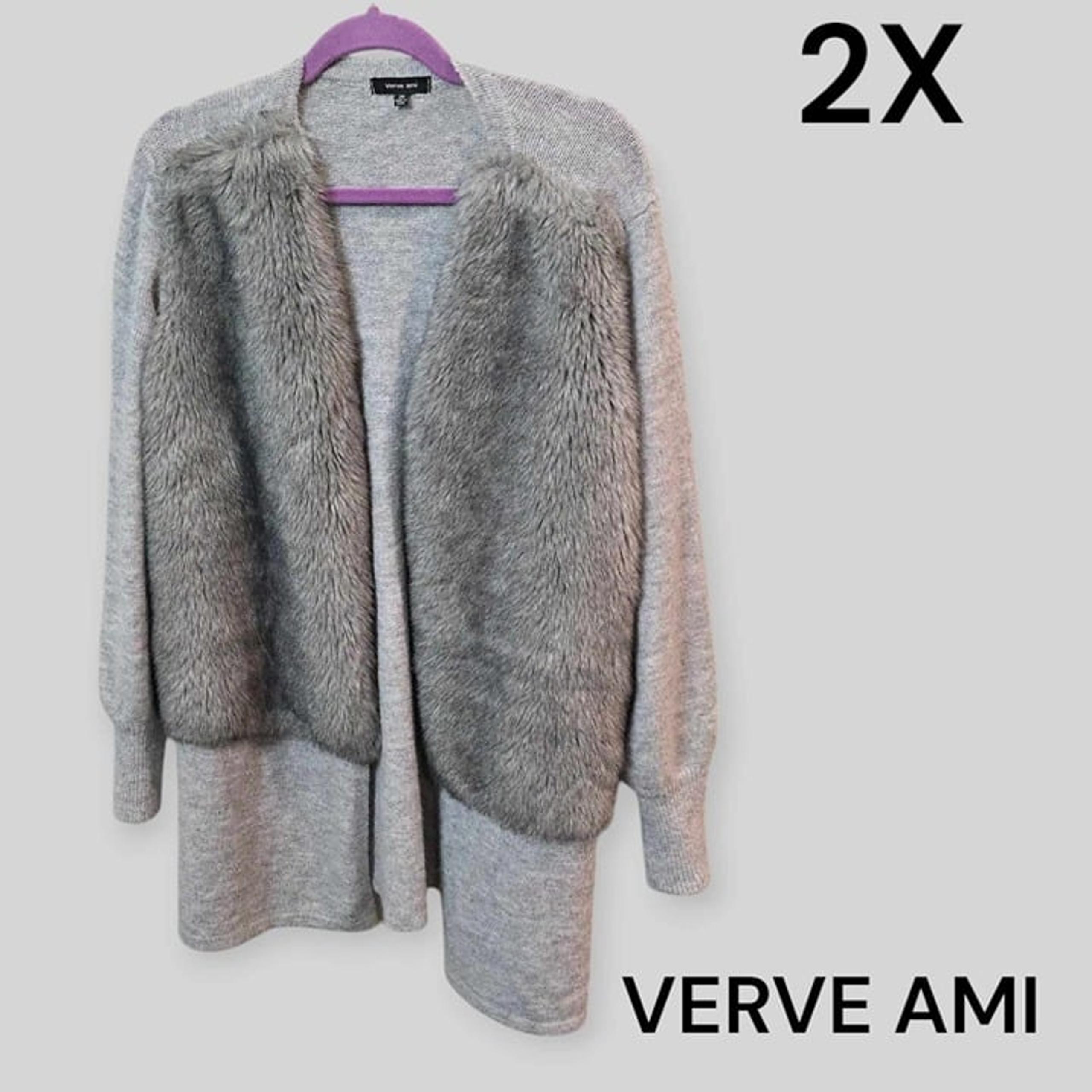Verve Ami Womens Faux Fur Cardigan Gray Sweater Plus Size 2X Liquid Knit