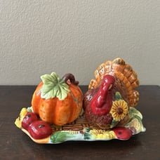 Heritage Harvest Turkey & Pumpkin Salt pepper shakers on Tray New