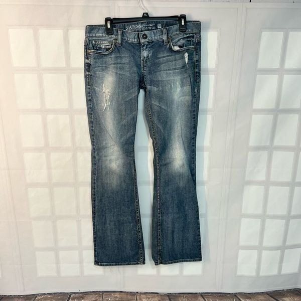 Guess Blue Whiskered Faded Cotton Blended Foxy Flare Jeans Size 30