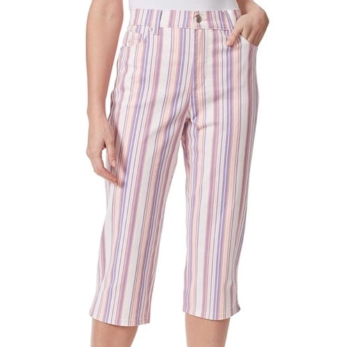 GLORIA VANDERBILT Amanda Capri SIZE 4 Ribbon Pink Stripe Cropped Denim Pants NWT