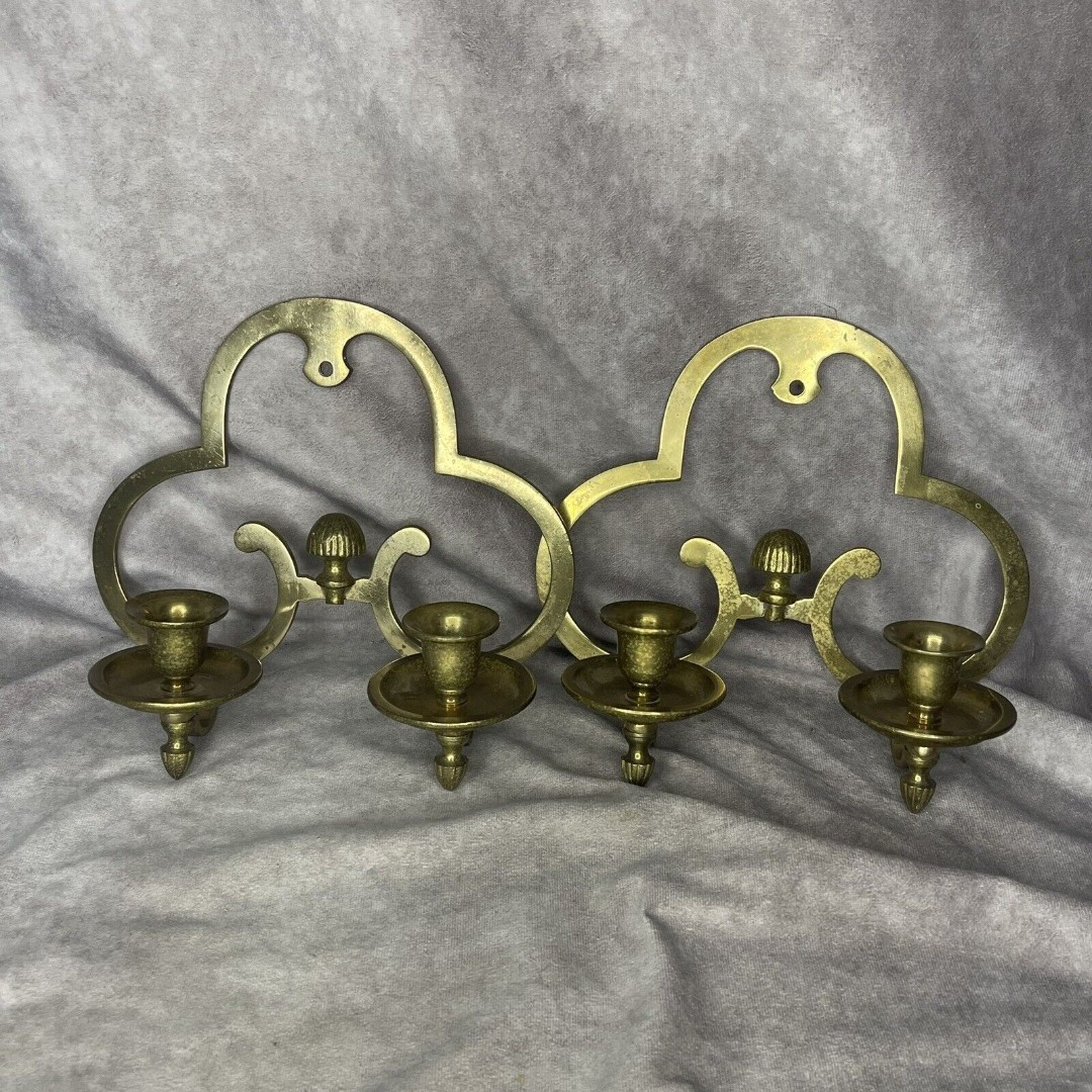 Vtg Made In India Pair Brass Candle Holder candelabra Wall Hanging ornate Heavy