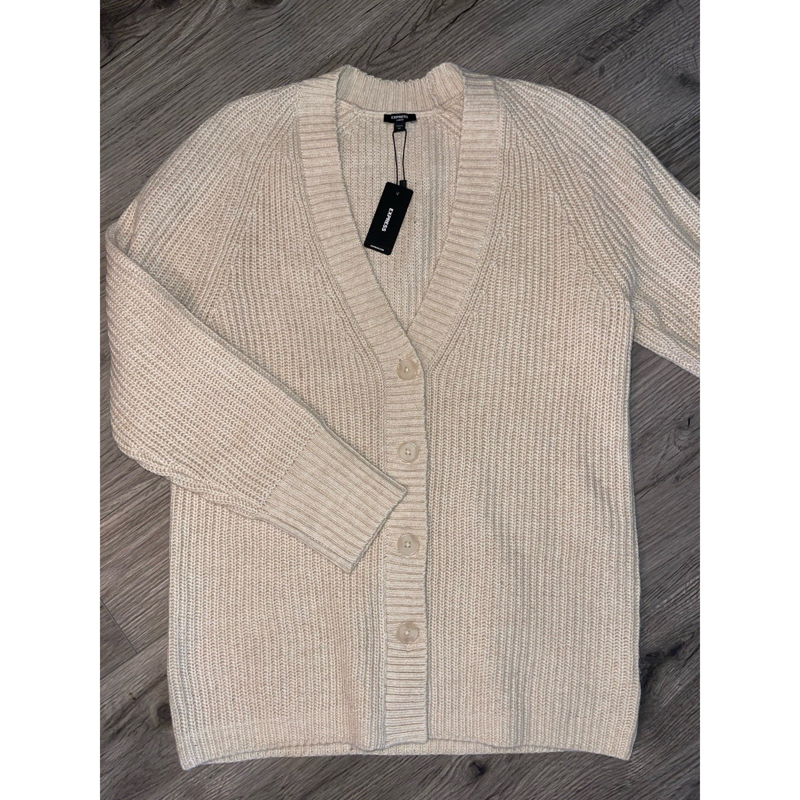 Express London Womens Beige Ribbed Button Down Cardigan Sweater Size XS -New