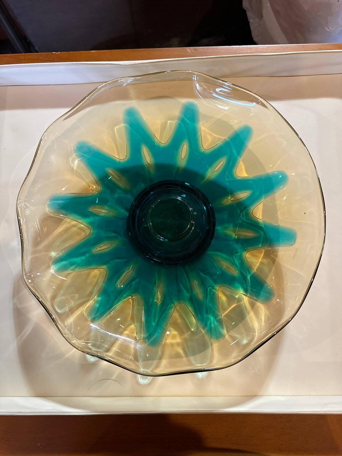 Antique Fostoria Hawaiian Peacok Blow Glass Bowl RARE