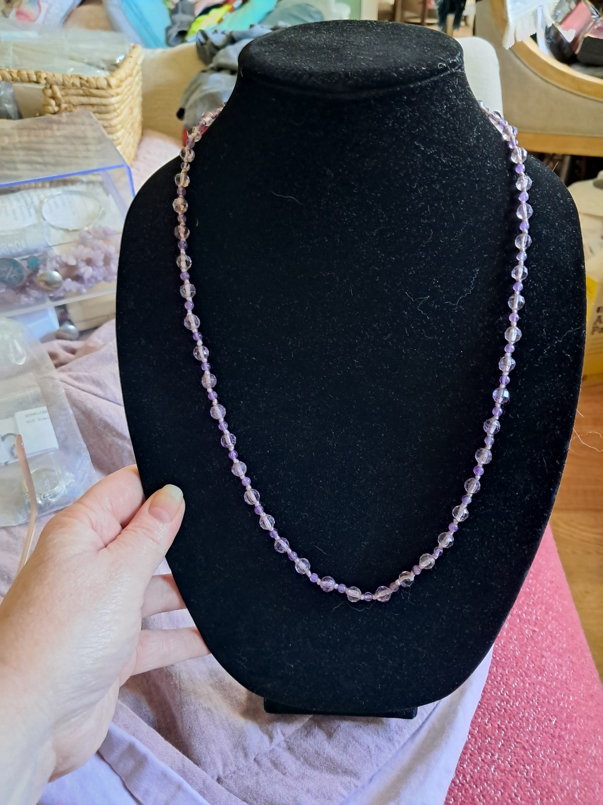 Vintage Hand Faceted Natural Amethyst Hand Knotted Slide Hook Silver Necklace
