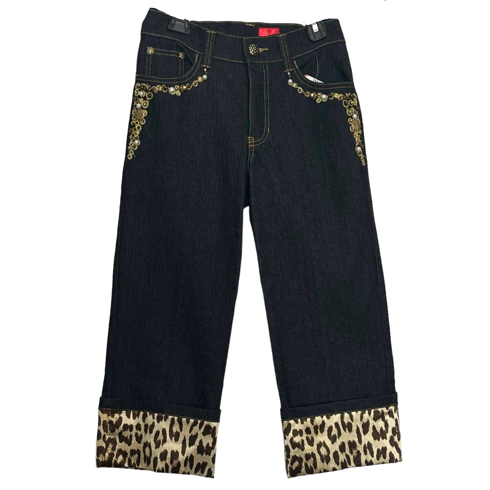 V Cristina Jeans Cropped 2P Black Beaded Cheetah Print Satin Hem