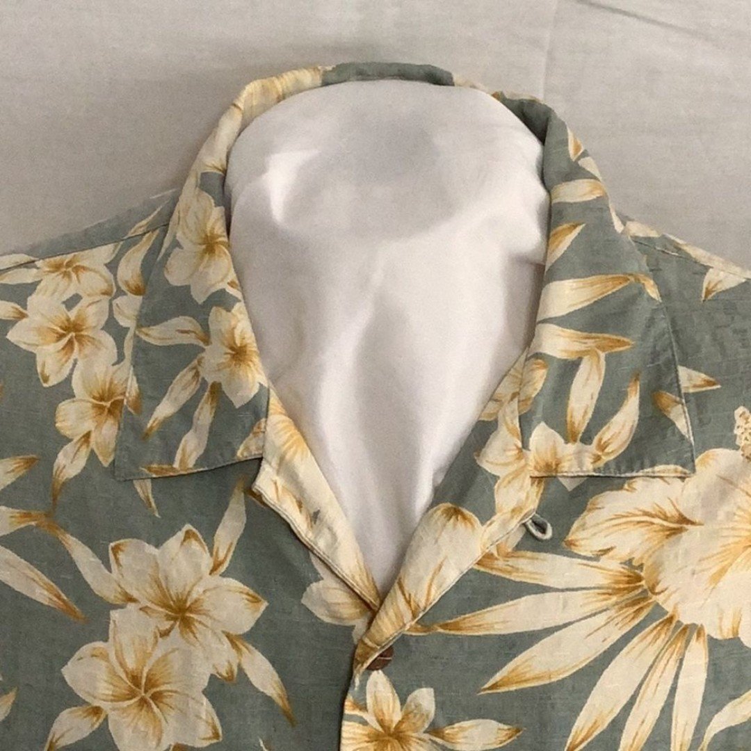 Tommy Bahama Silk Mens Hawaiian Button Down Shirt Light Gray Yellow XL