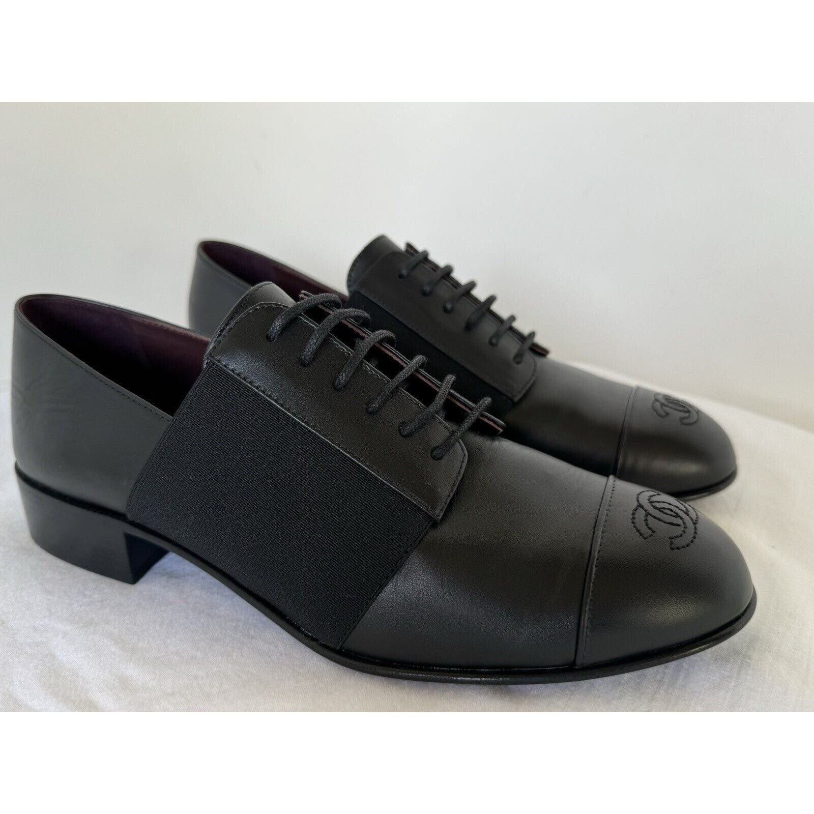 CHANEL UNIFORM Leather Women's Oxford Dress Derby Shoes Black 39.5 / 8.5