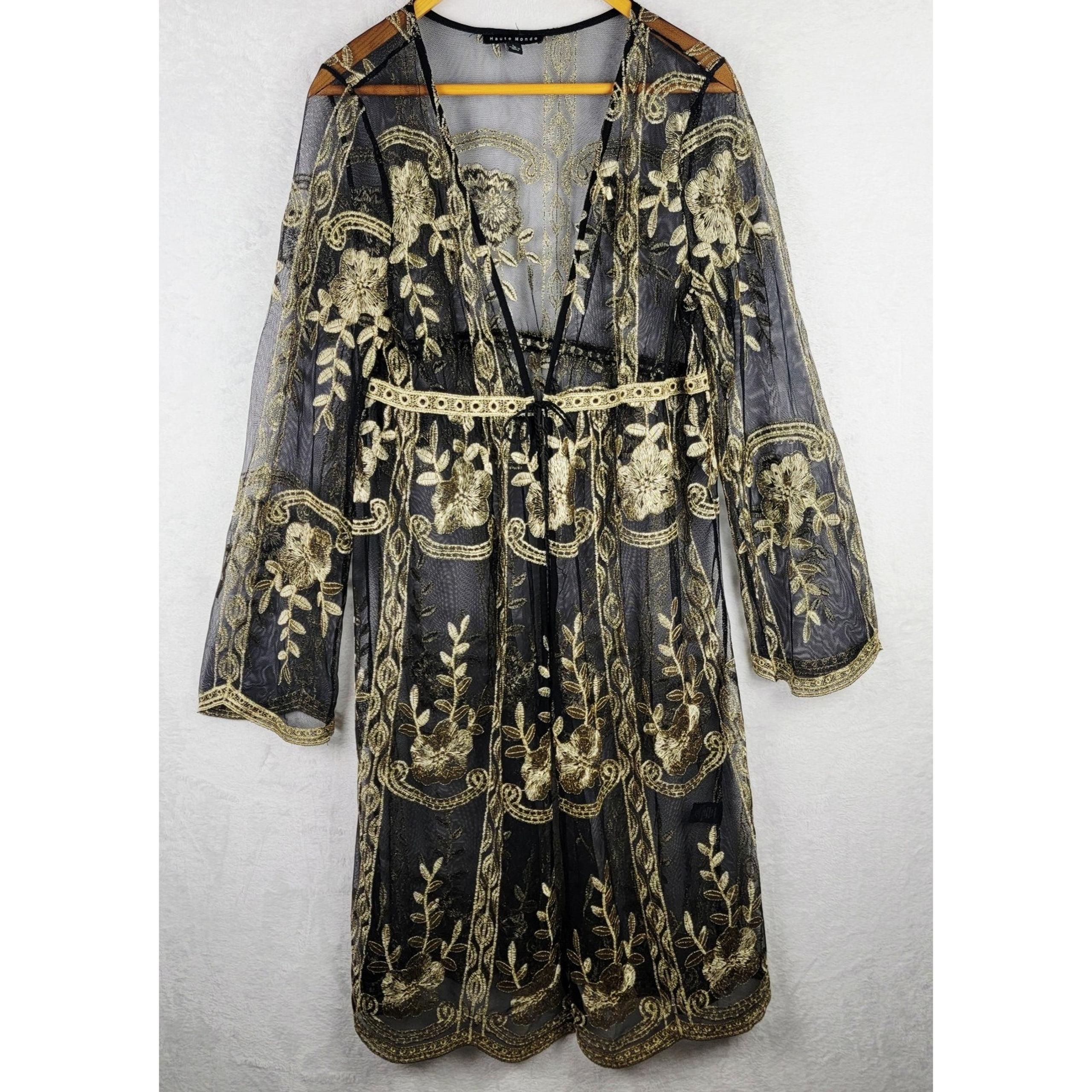 Bohemian L Long Cardigan Duster Black Gold Lace Romantic Whimsigoth Grunge Fairy