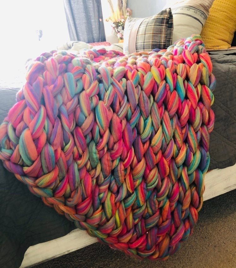 Chunky Knit Blanket Unicorn Rainbow L