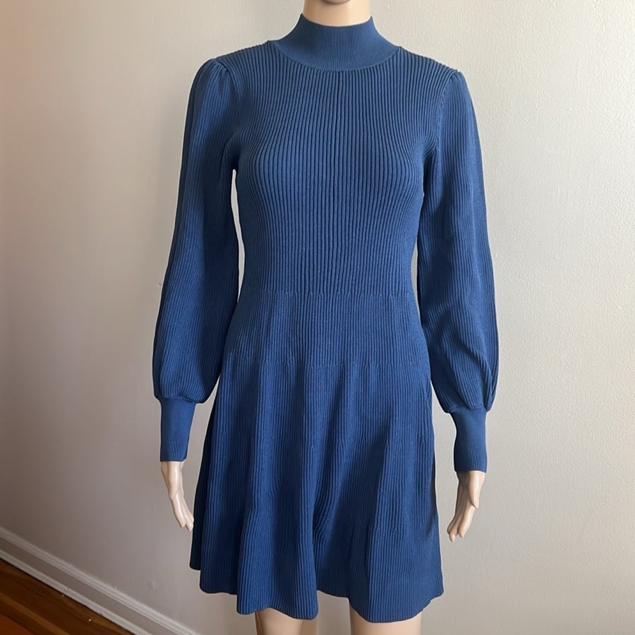 Hill House The Mariana Dress Rib Knit Long Sleeve Blue Mini Size S