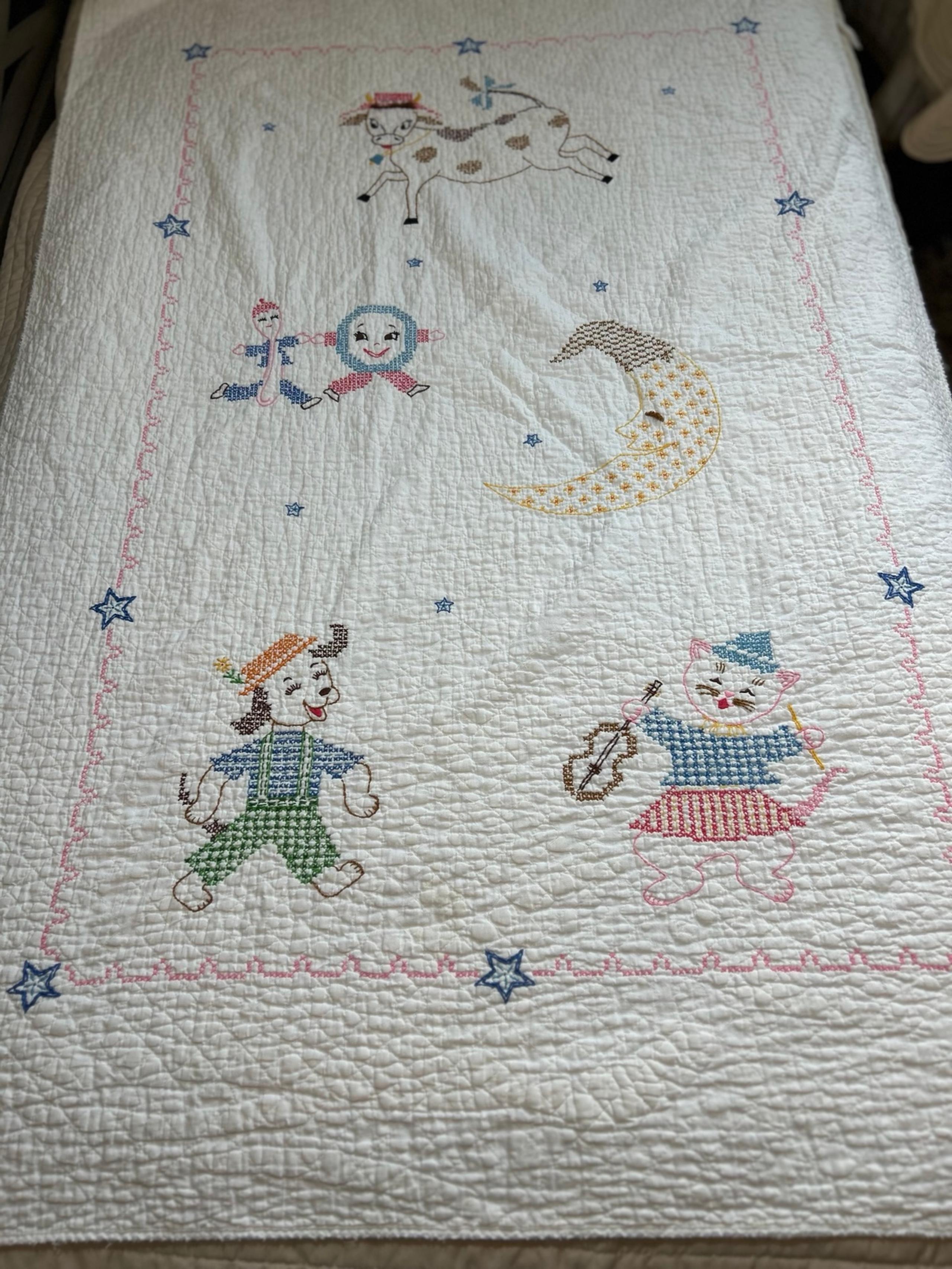 Vintage Cross Stitch Baby Blanket Quilt Hey Diddle Diddle 52x36” Nursery