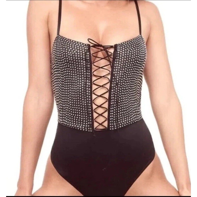 For Love & Lemons Rhinestone Thong Back Black Lace Up Front Bodysuit XXS