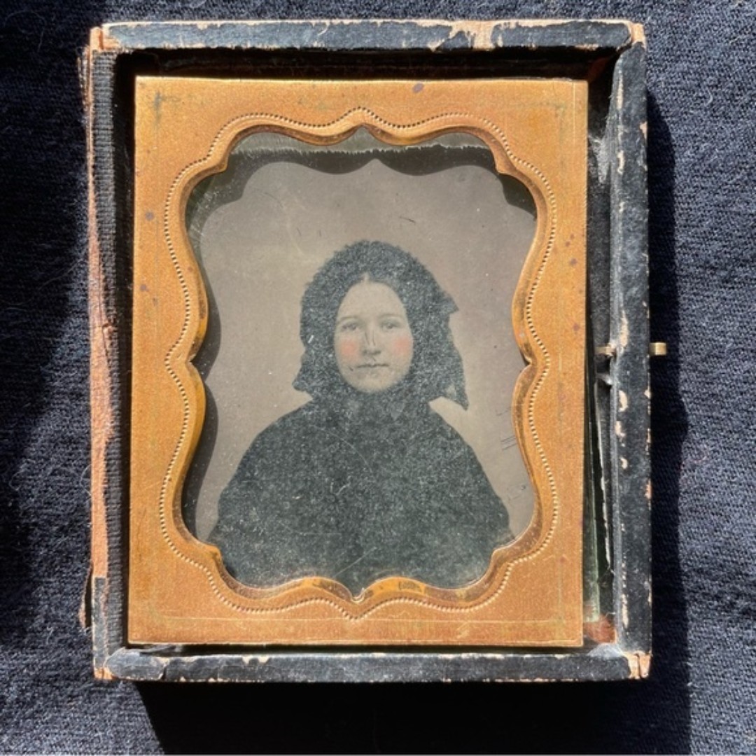 Antique victorian woman Ambrotype, half case glass photograph ghost lady