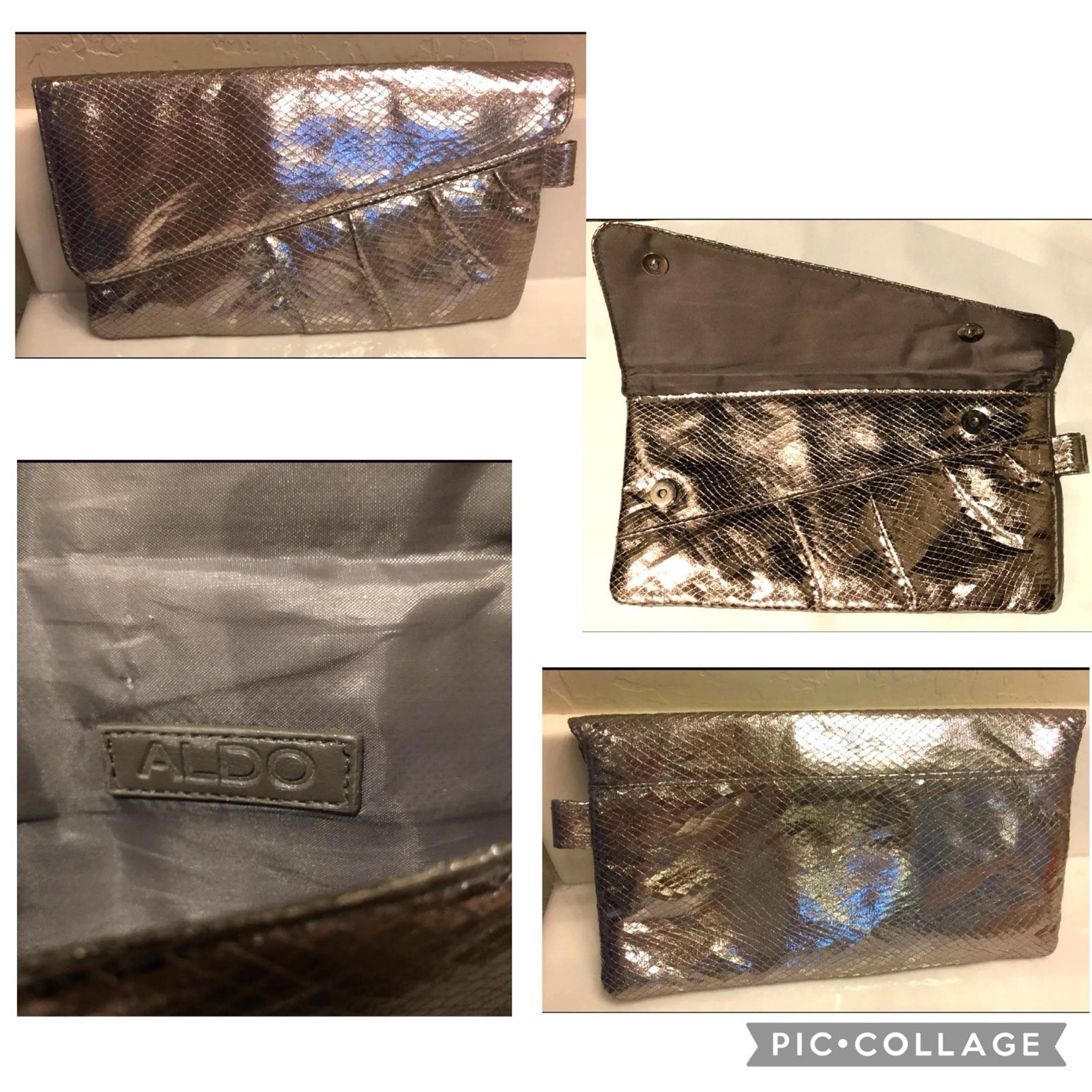 ALDO Clutch Purse Metallic Silver Faux Snakeskin Print Asymmetrical Pleats