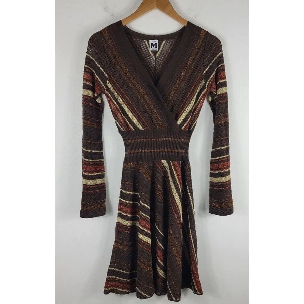 Missoni Vintage Metallic Striped Open Knit Bell Sleeve Fit and Flare Mini Dress