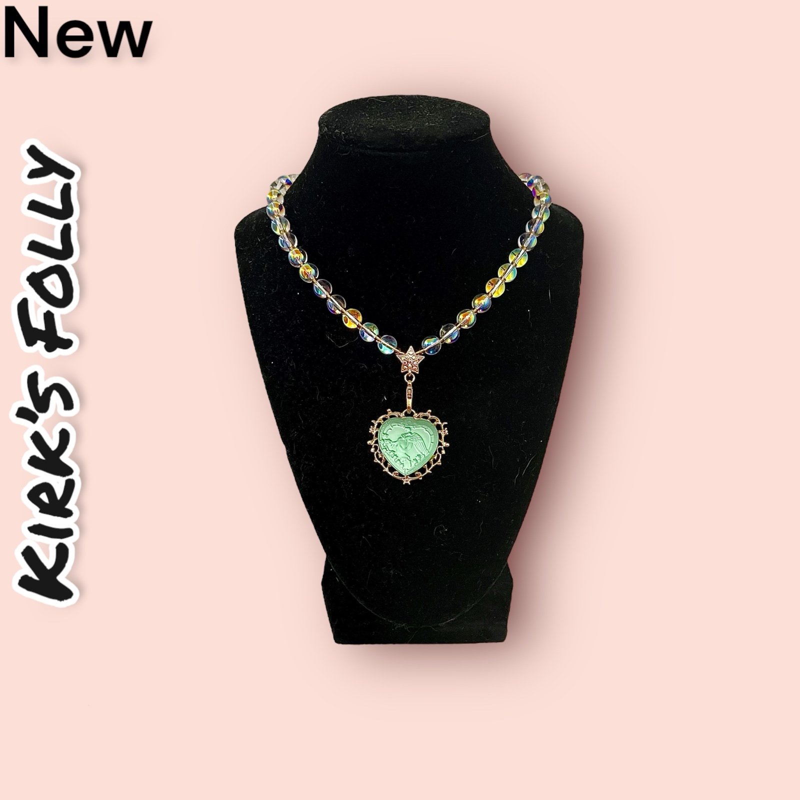 New Kirk’s Folly iridescent crystal beads heart pendant necklace with angel (sol