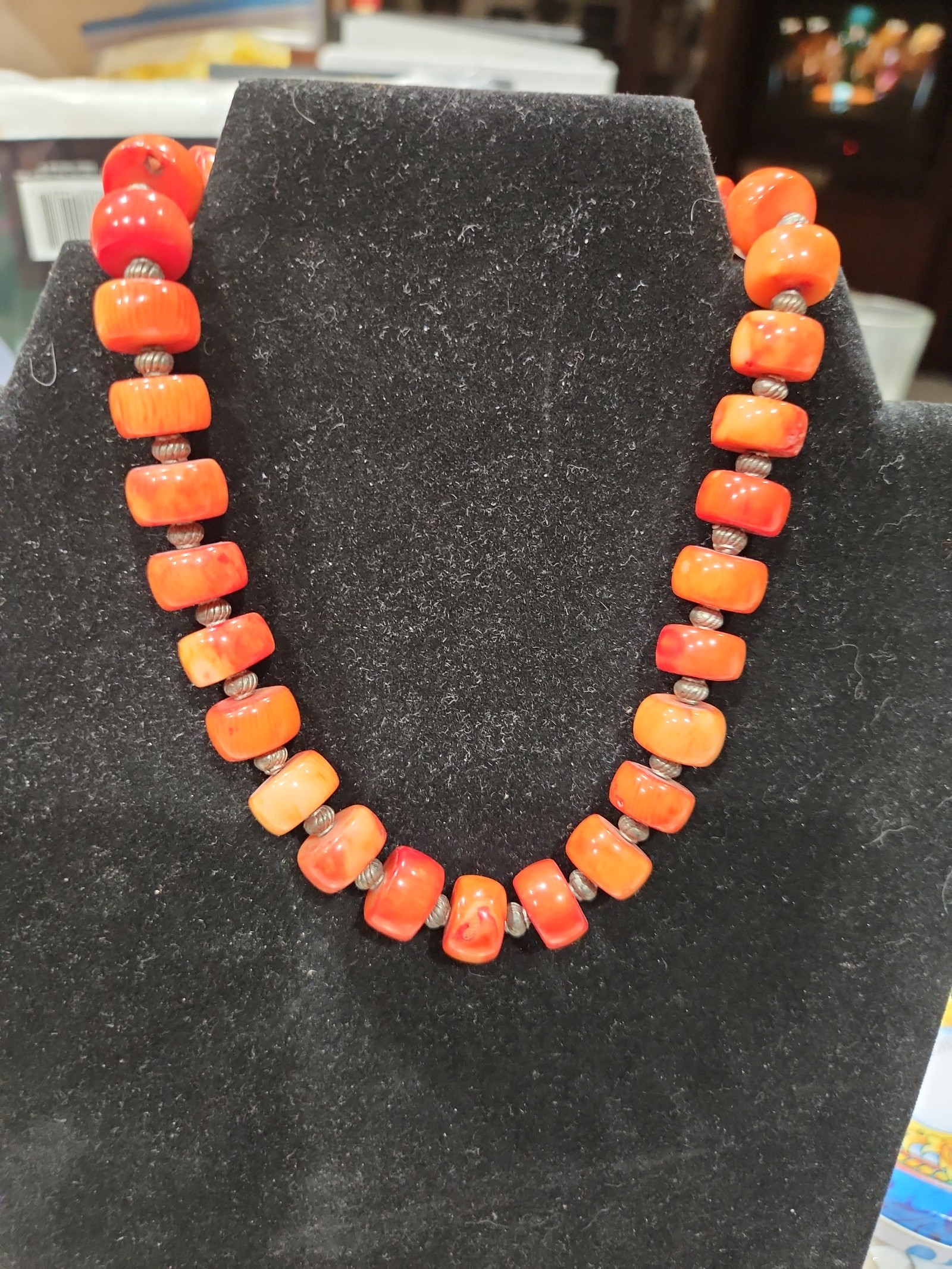 NATURAL CORAL STERLING SILVER Artisan Necklace Choker Lg Orange Coral Beads Vtg