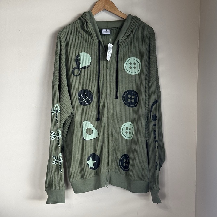 Coraline Buttons Green Oversized Waffle Knit Hoodie LARGE New