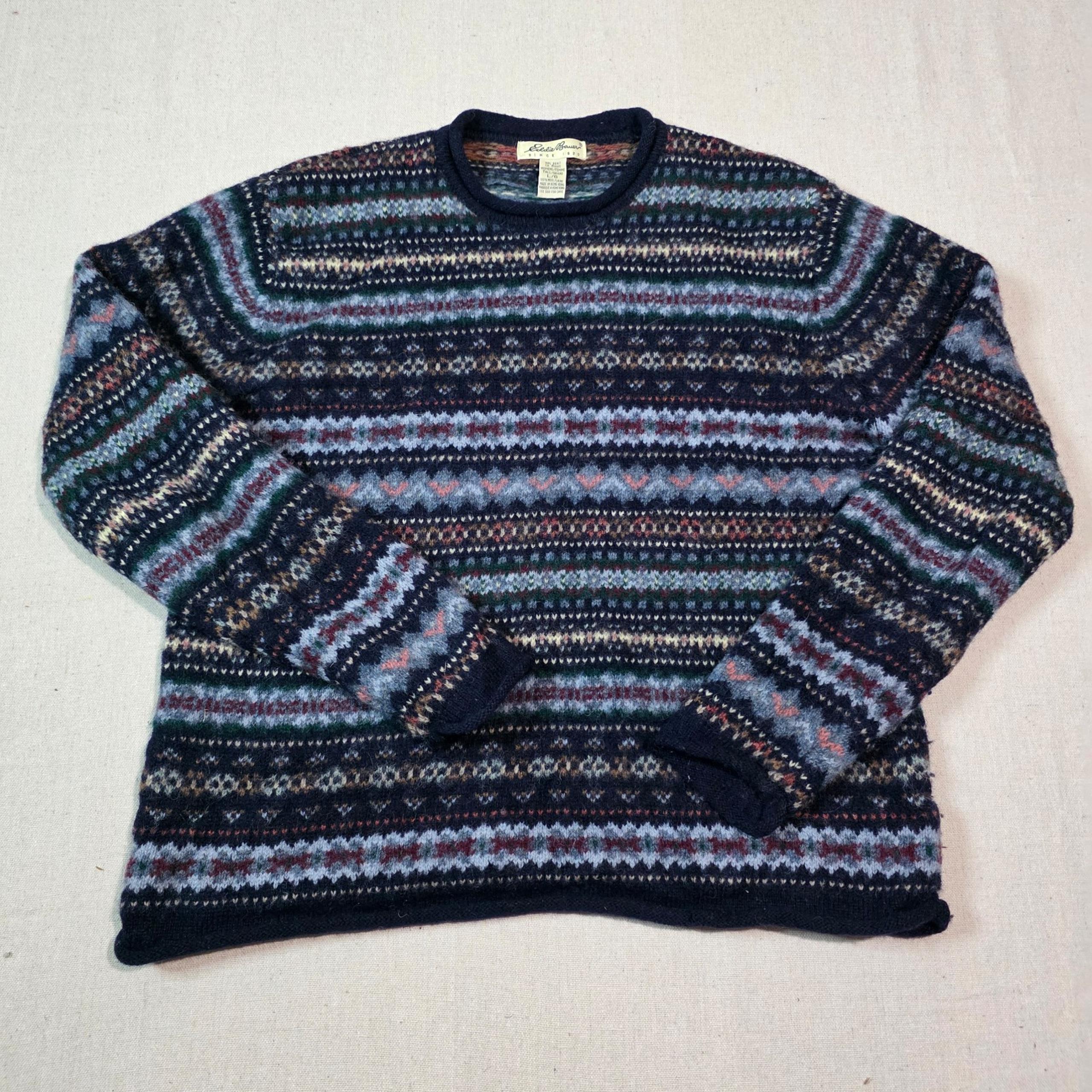Pullover Sweater Women's L Blue Fair Isle Long Sleeve Crew Neck Wool - Eddie Bauer