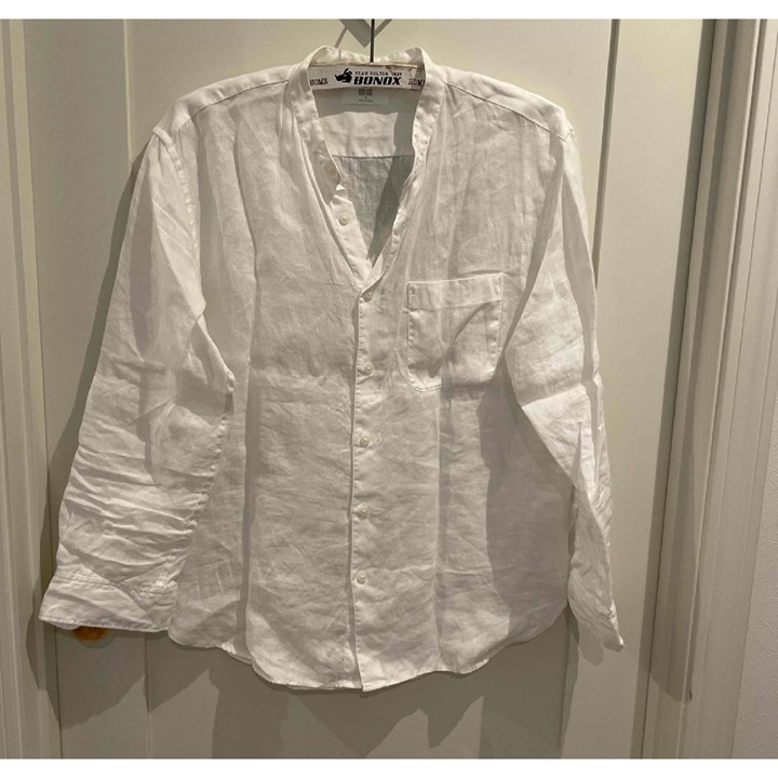 Uniqlo full Linen Top white v neck shirt Womens SZ M bust44in