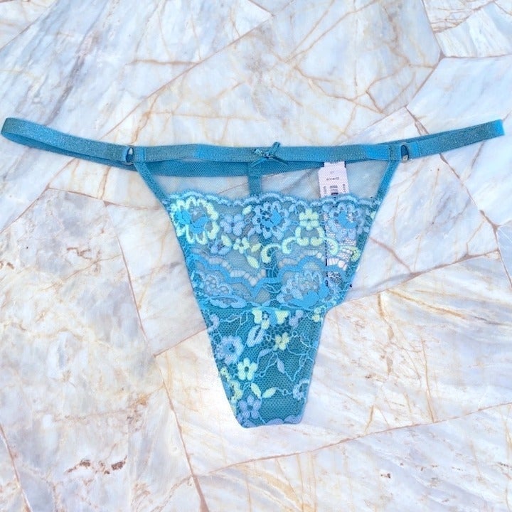VS DREAM ANGELS Floral Lace V-String Panty Thong Blue Floral New Small
