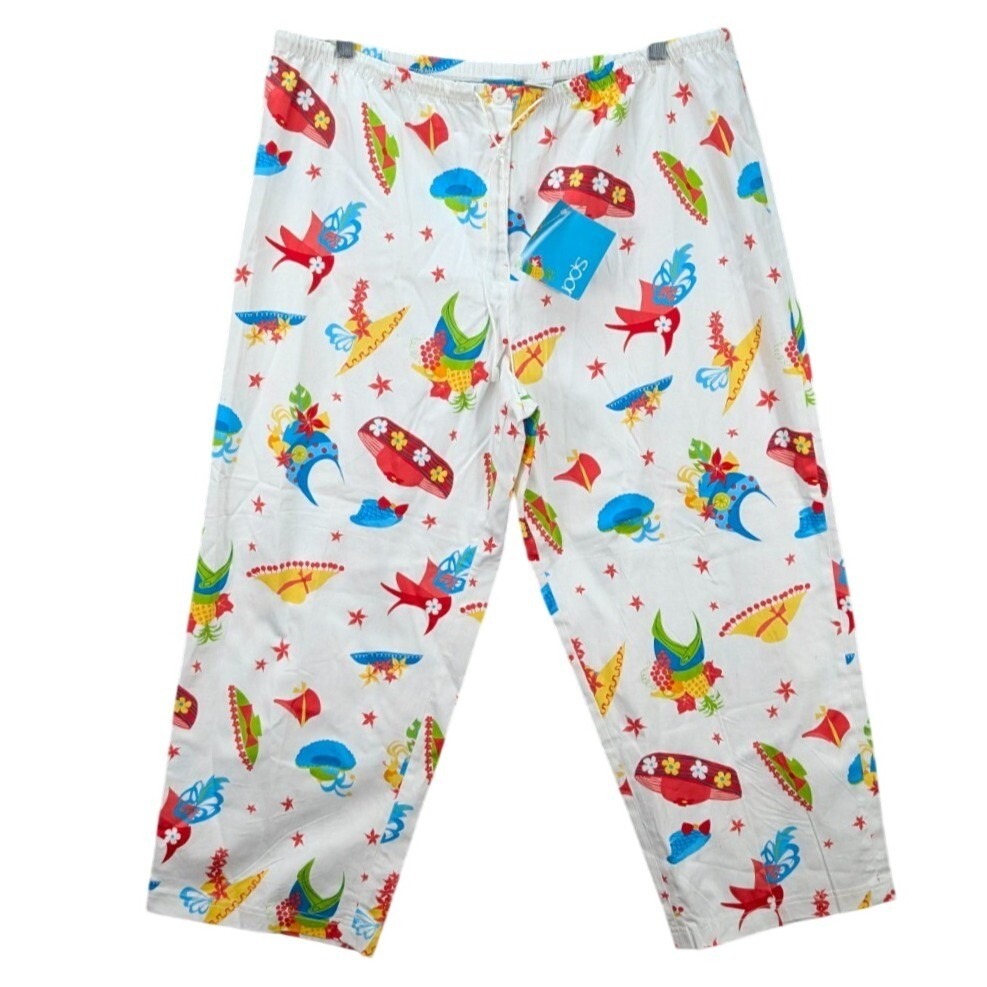 Sportelle Pants White Colorful Novelty Hat Print Fun Drawstring Cropped Size L