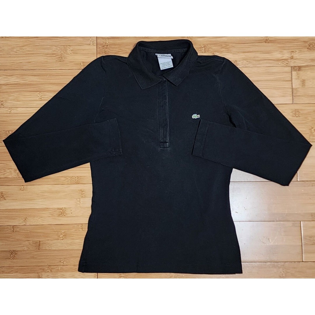 Lacoste Polo Shirt Top Women’s 36 Small Black Long Sleeve Button Pullover France