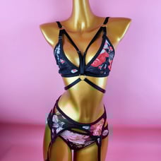 Floral Print Mesh Garter Lingerie Set