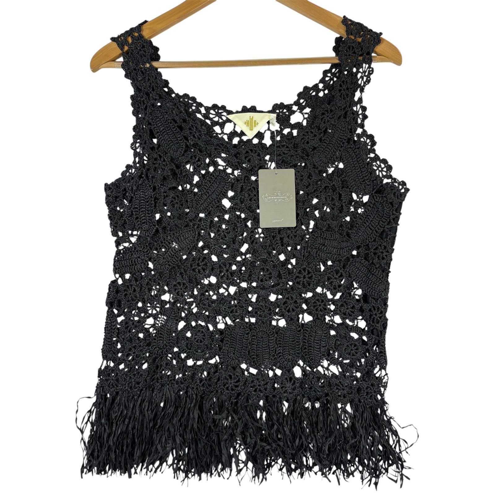 Anthropologie HWR Curaçao Blooms Crochet Raffia Fringe Top Size M Boho Festival