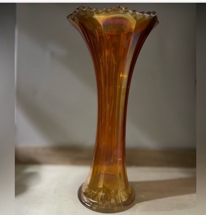 Vintage Jefferson Iridescent Orange Carnival Glass Ribbed Swung 8.25”Vase