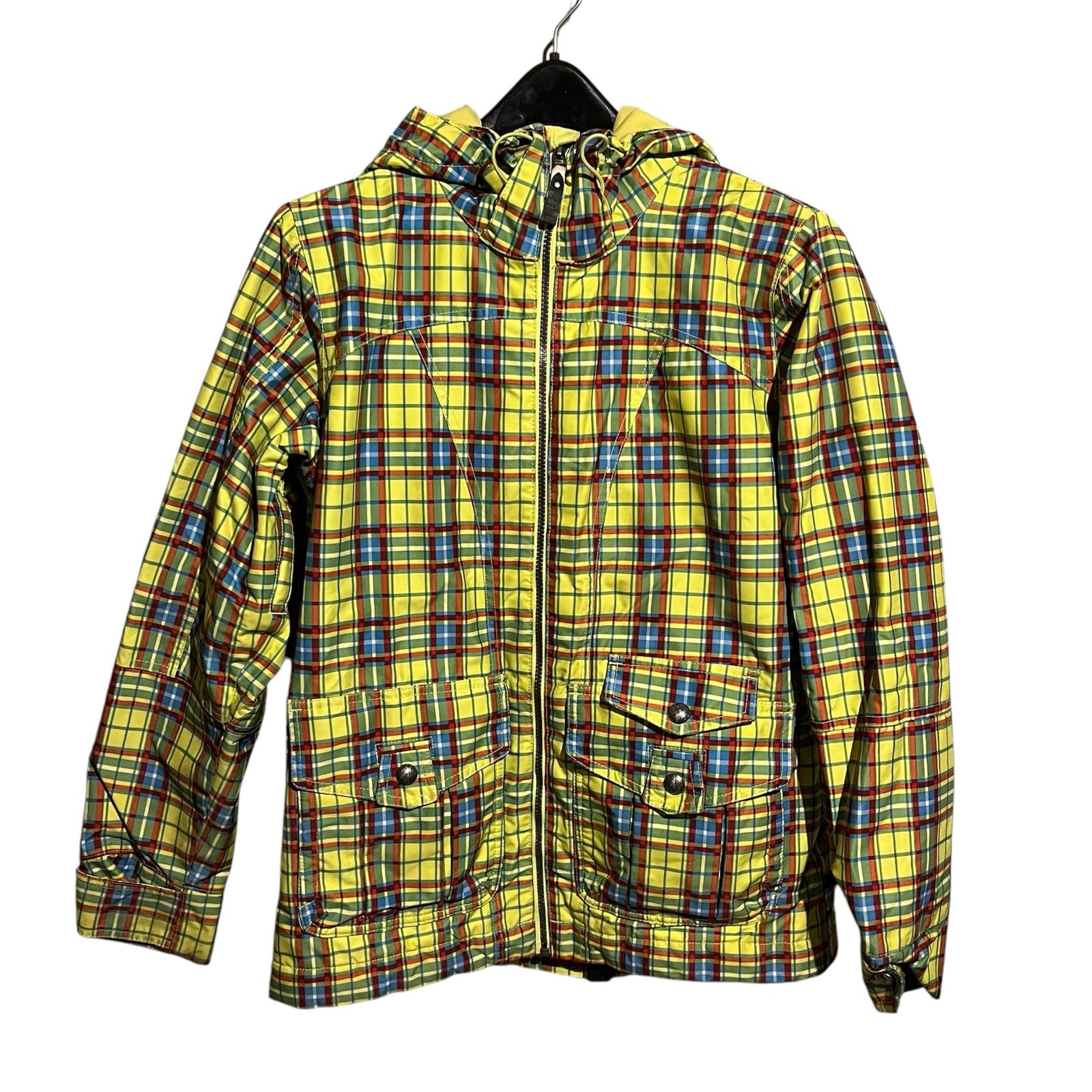 Burton Womens Size M Dryride Activity Jacket Yellow Plaid Hooded Vented Arms