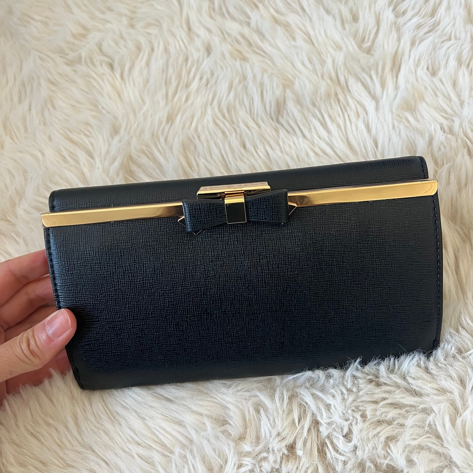 Charles & Keith Black Bow Tie Gold Accent Faux Leather Clutch Wallet NWOT