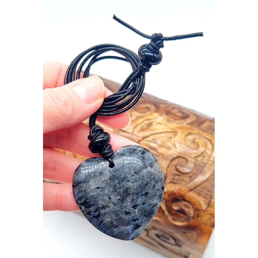 Large Norwegian Moonstone Heart Necklace Leather Cord Larvikite Stone