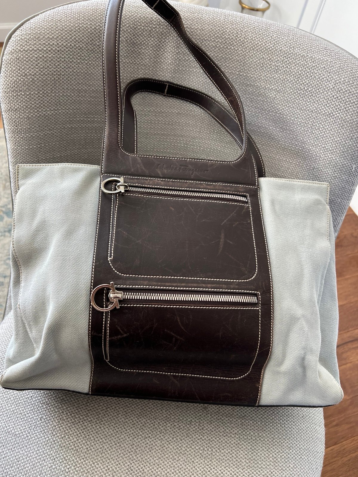 Salvatore Ferragamo denim & Leather Tote has minor fading see pics As Is
