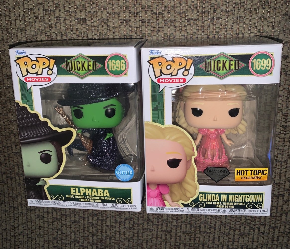 Wicked Funko Pop Lot Glinda the Good Witch in Nightgown, Elphaba Diamond glitter