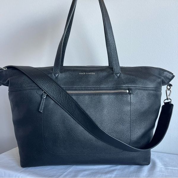 VINCE CAMUTO Black Leather XL Laptop Duffle Tote Shoulder Bag Delle Enova Cyril