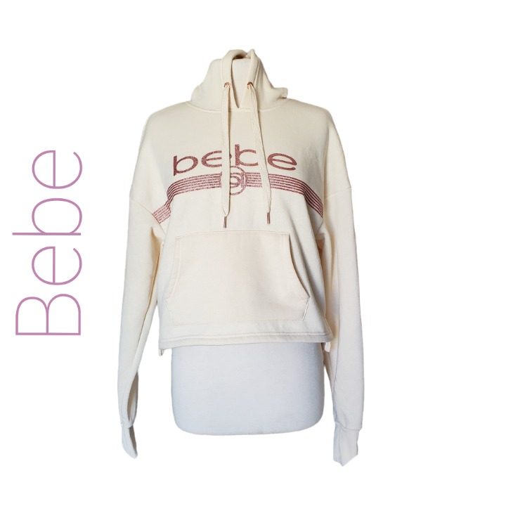 Bebe Cream White Long Sleeve Sweater Pink Glitter Print For Women Size S