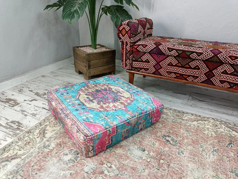 floor pouf ottoman, sofa cushion, pink blue pillow, bohemian cushion, meditation