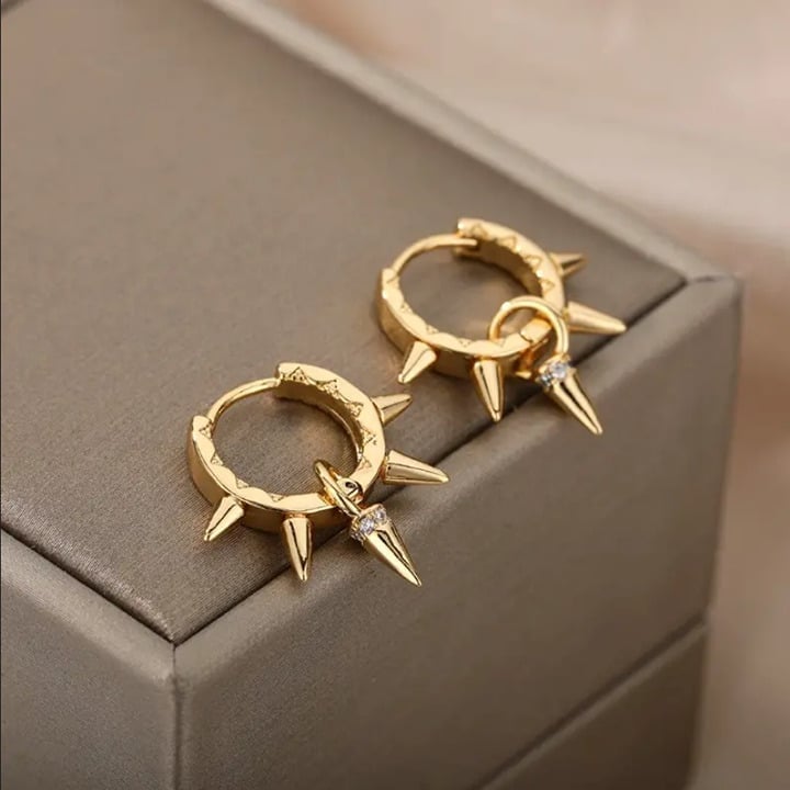 14K Gold Spiked Womens Small Hoop 1ct Diamond Earrings Punk Goth Rock Jewelry 14