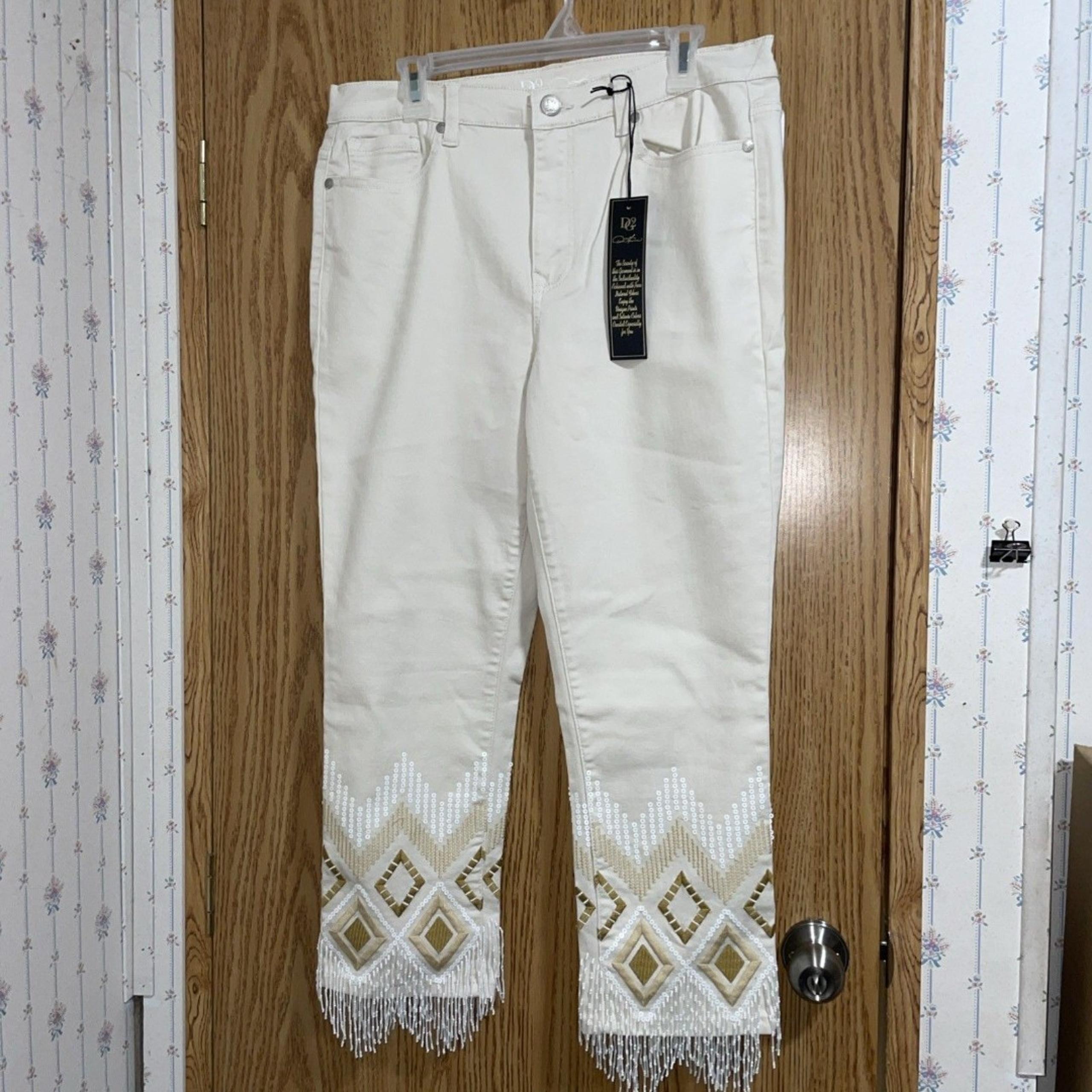 RARE DG2 Diane Gilman Size 14  Southwestern Beaded Fringed Jeans Striped Jeans