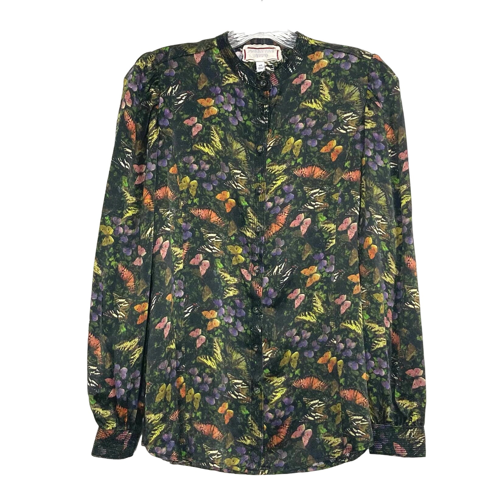 JOHNNY WAS Top XXS Silk Butterfly Embroidery Button Up Long Sleeve Multicolor