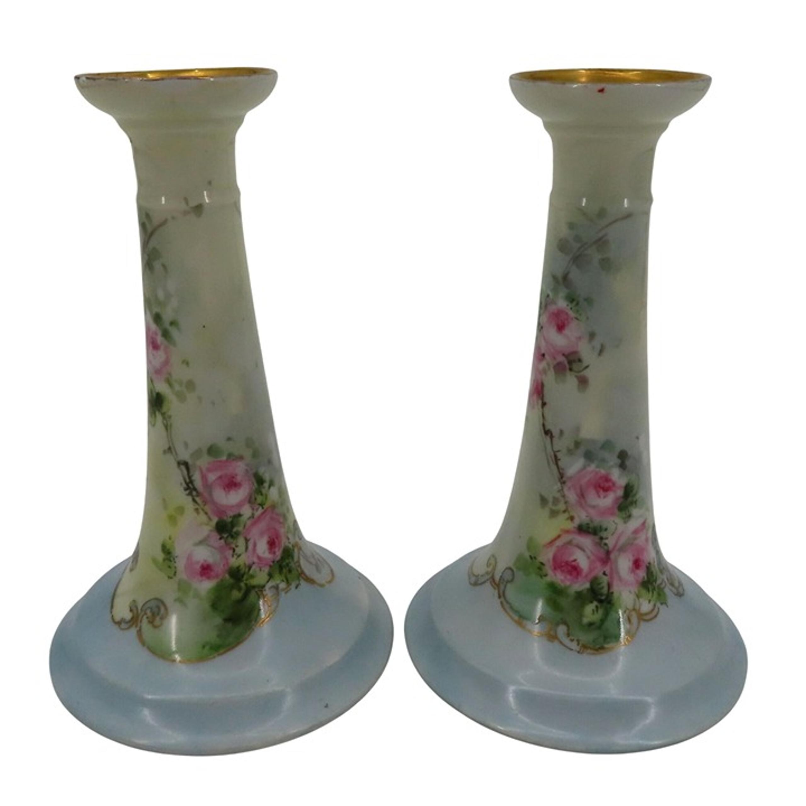 PL Limoges France Hand Painted Pink Rose Flower Floral Blue Gold Candlesticks