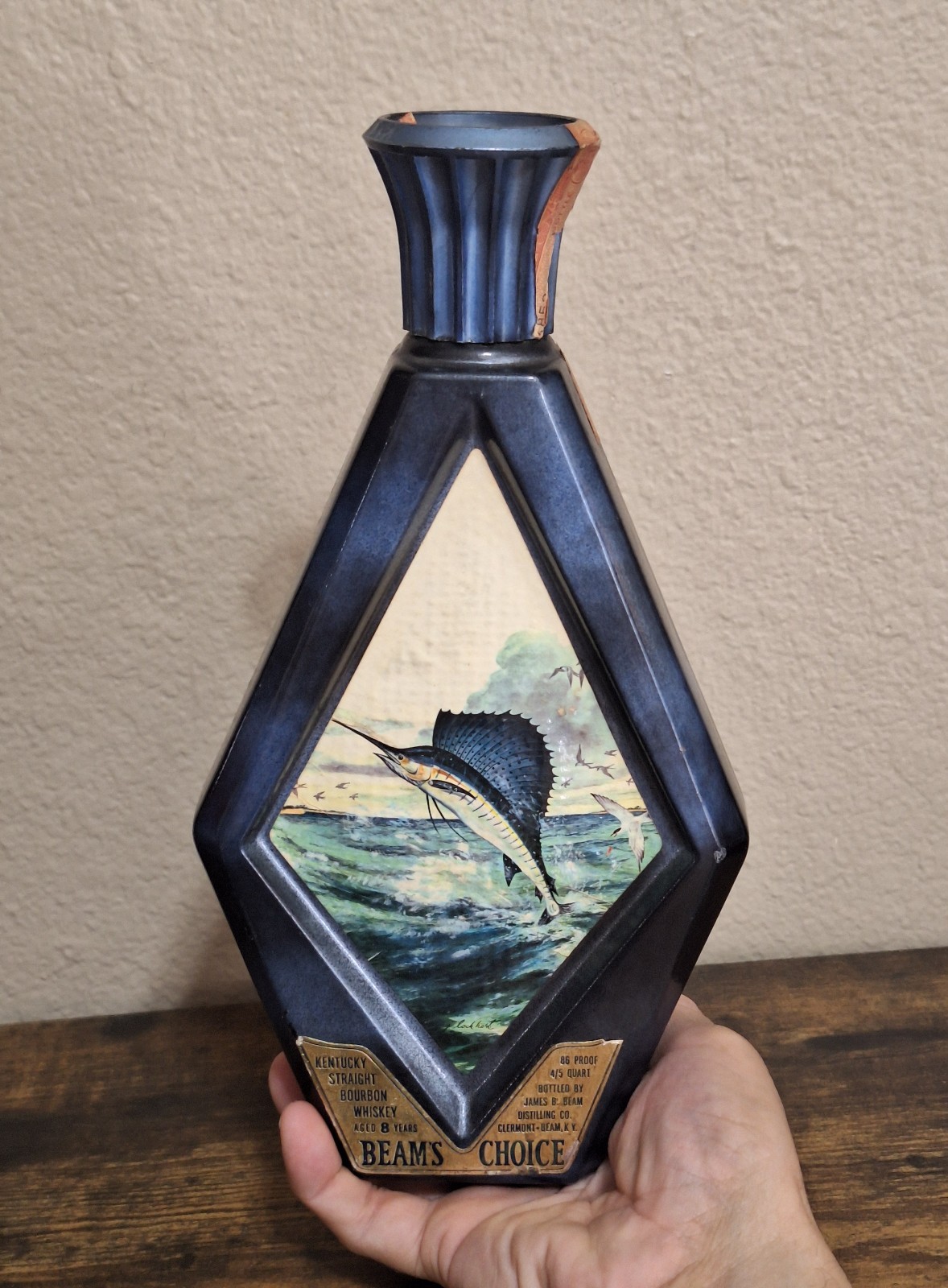 Cool Vintage 1975 Beam’s Choice James Lockhart’s Blue Sailfish Decanter Bottle.