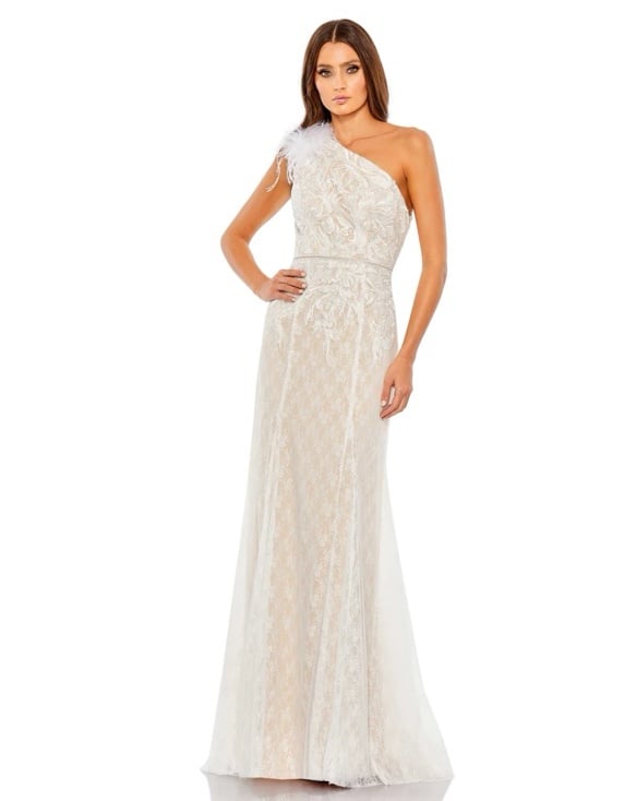 498 Mac duggal Lace Embellished Feathered One Shoulder Gown Sz 8