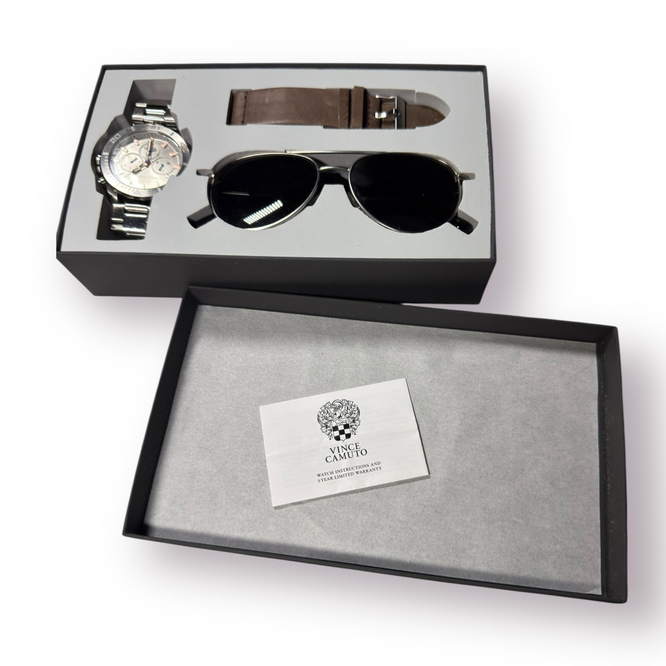 Vince Camuto Men's Silver Watch & Sunglasses Gift Set VC/1147GYSVST Chronograph