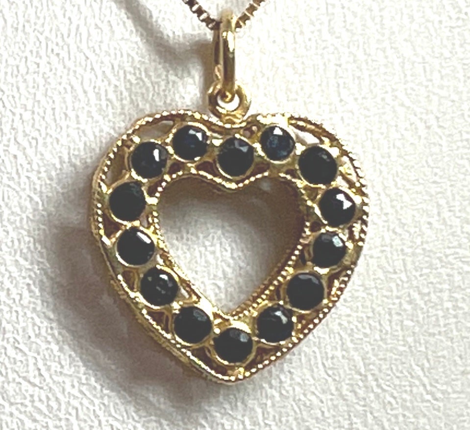 18k YG Open Wired Double Sided Heart 23 Sapphires Encased Pendent
